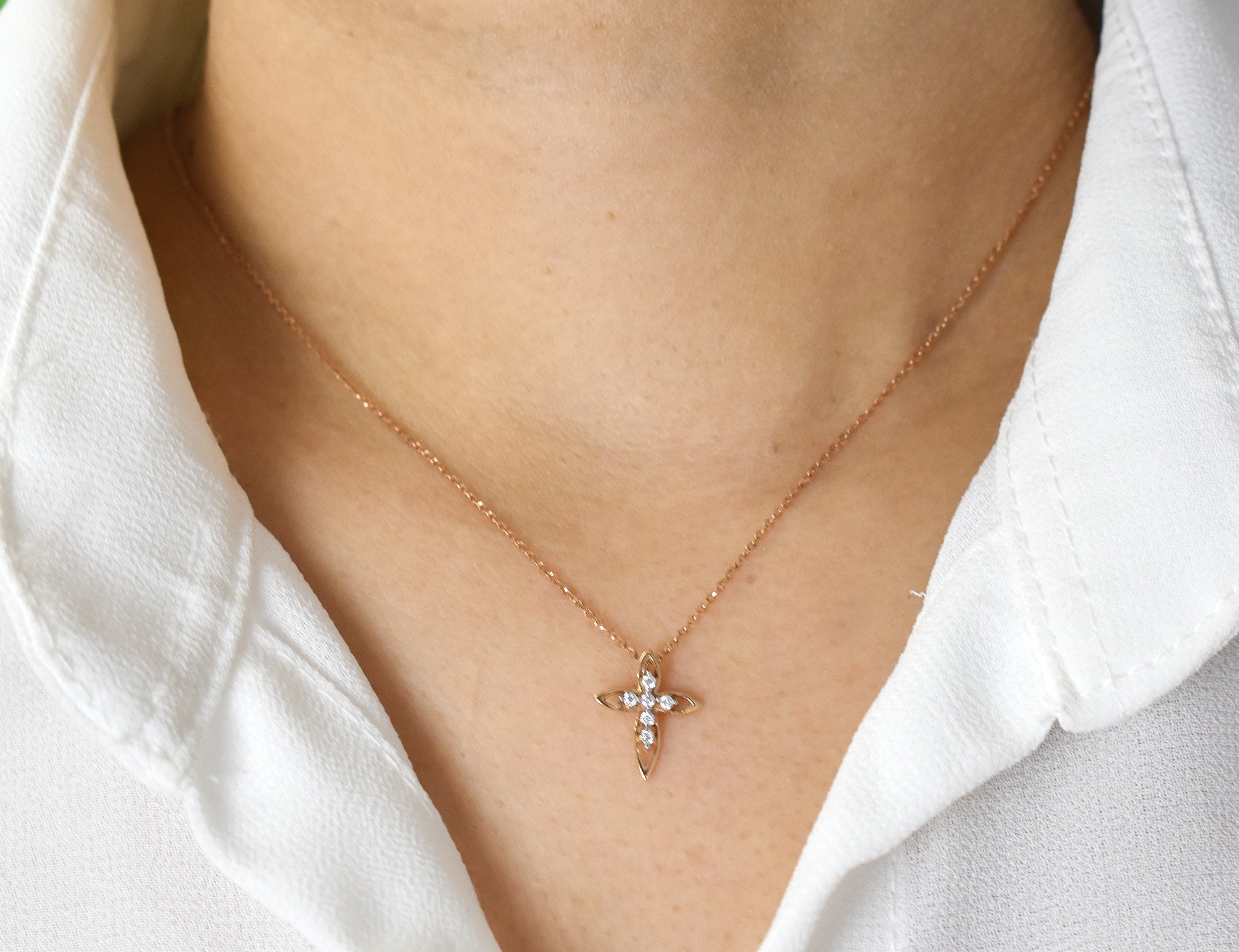 Cross Necklace | Diamond Mini 10K 14K 18K Gold Pendant Communion Confirmation Religious