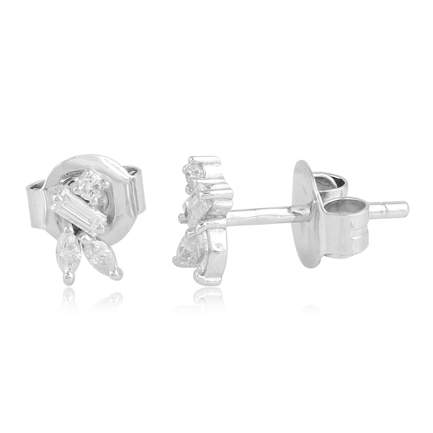On Sale Round, Baguette & Marquise Diamond Stud Earrings 14K Solid White Gold Certified Jewelry Studs For Mom
