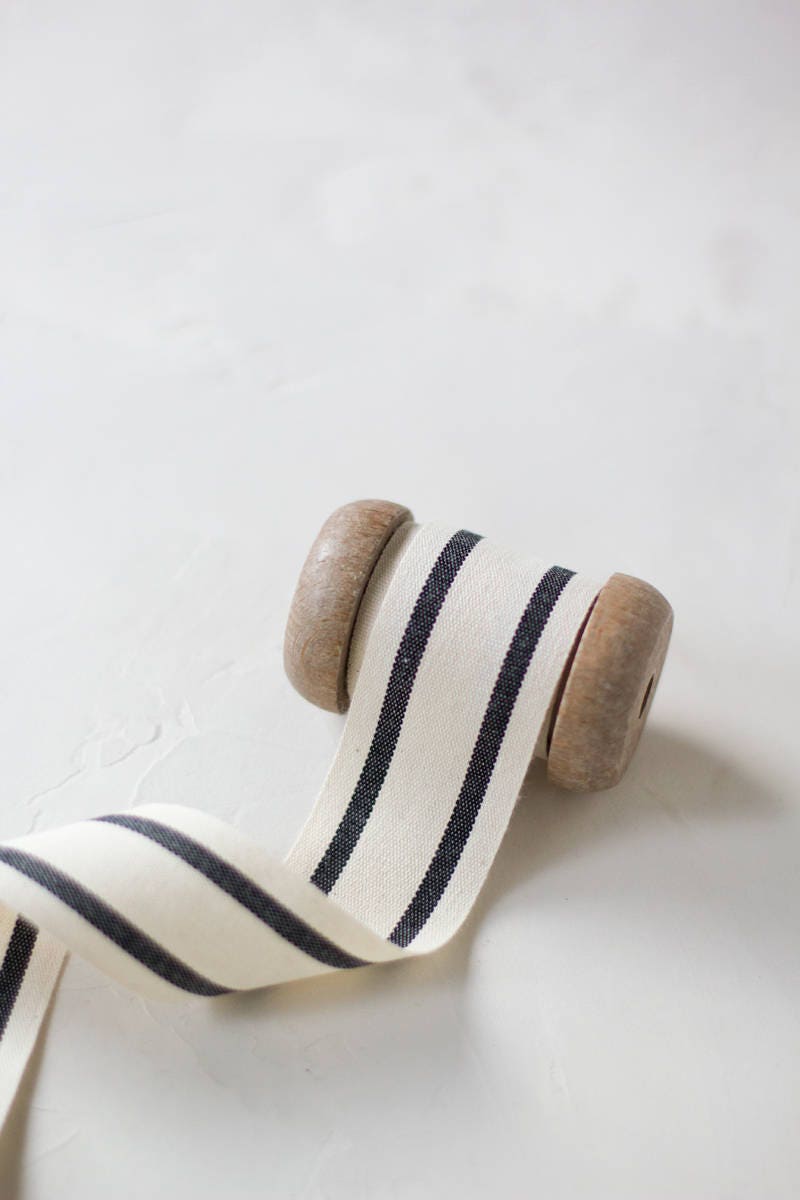 Black + Natural Double Stripe Cotton Blend Ribbon 5/8 1-1/2"