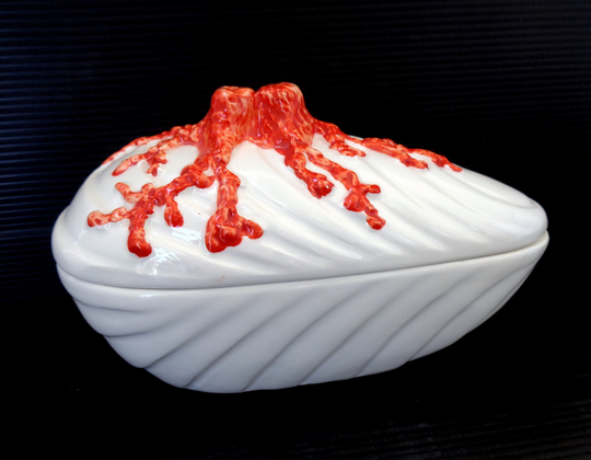 Italian Brand New Ceramic Lided Bowl, Shell Shaped Hand Painted 3Dcoral Decor On Lid, Risotto Serve, Handmade Plates, Bassano Ceramic