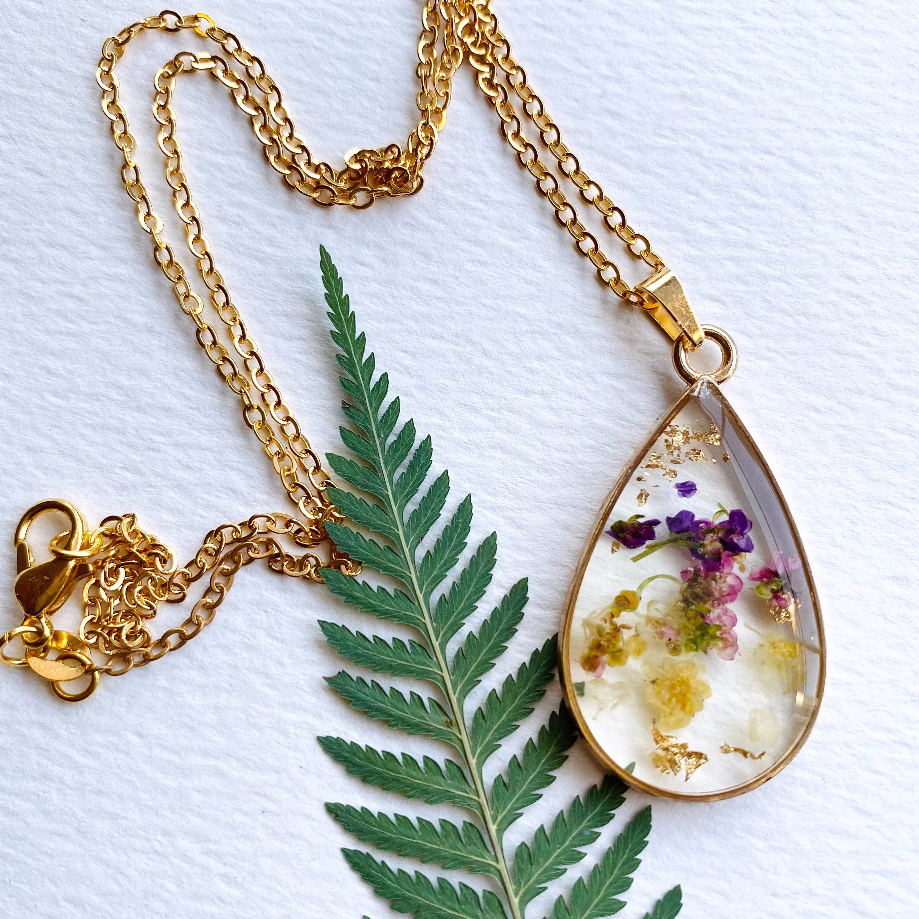Resin Flower Jewelry, Colorful Pendant Necklace, Dainty Gold Handmade Necklace Pendant, Gift For Her