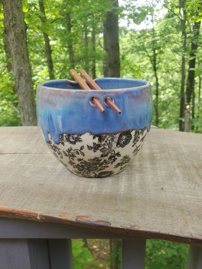 Handmade Noodle Bowl W Chopsticks, Rose Patterned, Drippy Glaze, Rice Stir Fry Bowl, Appx 2 + Cups, Free Shipping