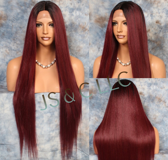 45" Human Hair Blend Lace Front Wig Hand Tied Center Part Straight Heat Safe Solid Burgundy Mix Cancer/Alopecia/Cosplay/Emo/Theater