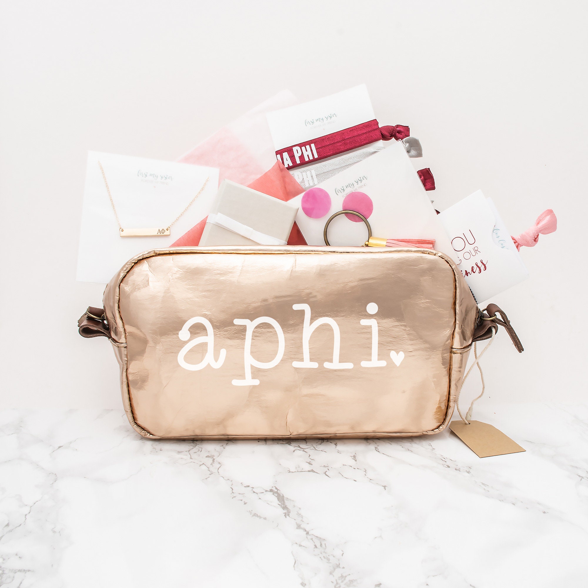 Alpha Phi Gift Set, Aphi Sorority Gifts Bundle, Greek Pack With Bag, Bar Necklace, Rings, Hair Ties & Keychain