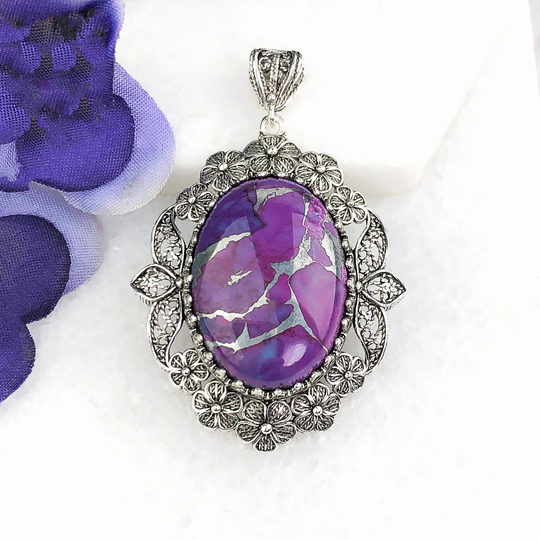 Purple Mohave Turquoise Silver Pendant, Sterling Genuine Mojave Gemstone Statement Pendant Women Jewelry Gifts Boxed