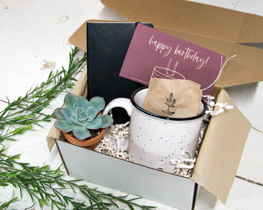 Happy Birthday Gift Box With Leather Journal & Campfire Mug | Succulent