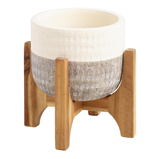 Ivory And Gray Two Tone Ceramic Planter With Wood Stand by World Market