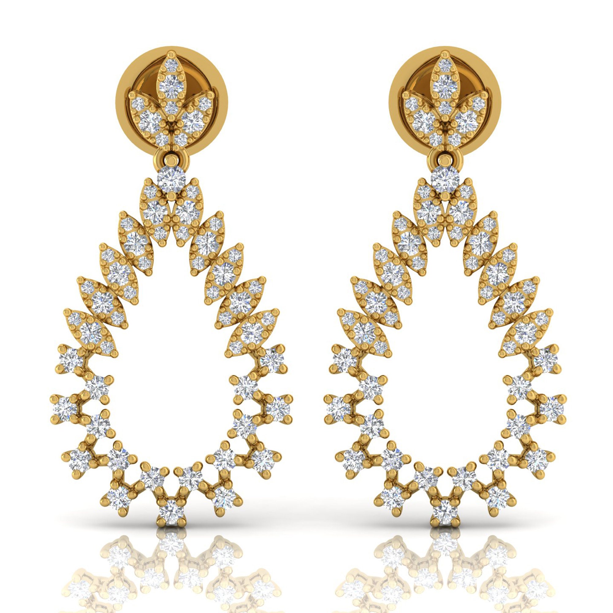 Flower Stud Earrings Vintage Design Pear Diamond in 14K Gold, 1.40 Ctw Diamond, Dainty