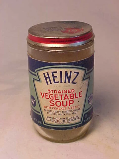 C1940S Heinz Strained Vegetable Soup Manufactured in U.s.a. By H. J. Co. Pittsburgh, Pa., Baby Food Jar With The Original Paper Label