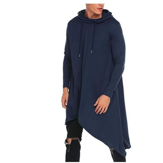 Men's Hoodie Hooded Sweatshirt Casual Hip Hop Long Length Cloak Cotton Blend Pullover - Navy, S - small navy blue