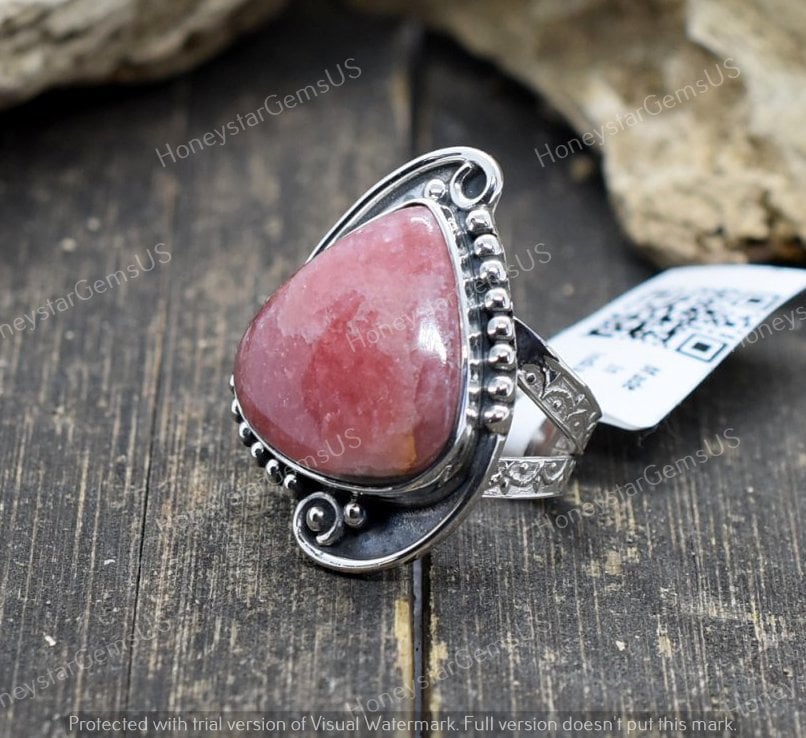 Rhodochrosite Ring 7.5 Us Silver | Handmade Ring, Statement Birthstone Cabochon Vintage Anniversary Gift A66