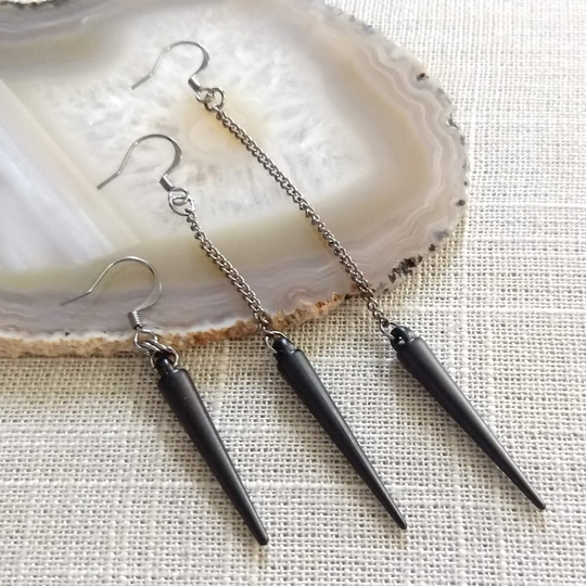 Black Spike Earrings, Your Choice Of Three Lengths, Long Dangle Chain Earrings