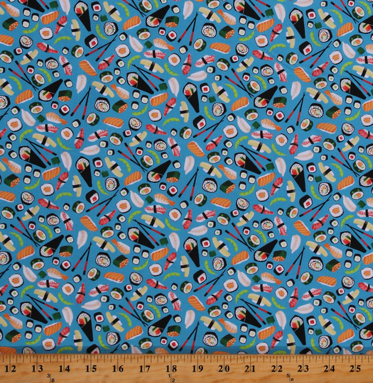 Cotton Food Mini Sushi Japanese Cuisine Seafood Fish On Teal Fabric Print By The Yard | Gail-Cd8890-Teal D566.96