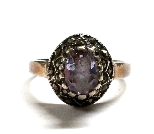 Vintage Amethyst & Marcasite Sterling Ring Size 7
