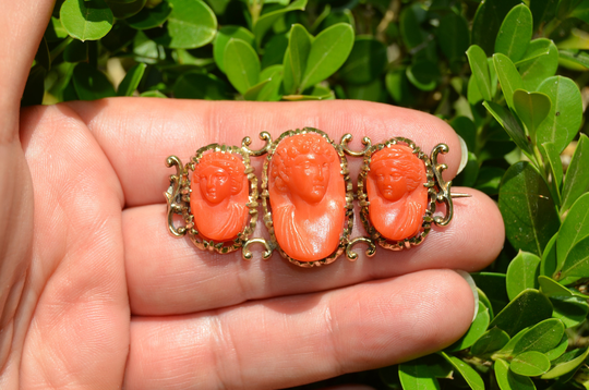 Victorian Hand Carved Coral Cameo Suite in 14K