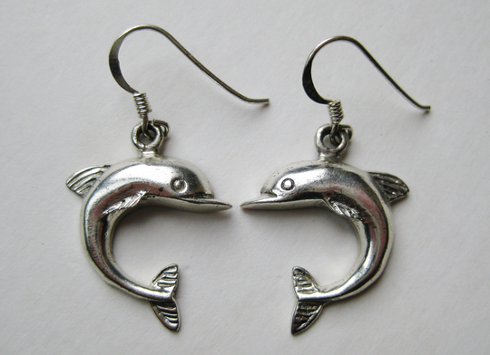 Fine Vintage Sterling Silver Dolphin Novelty Drop Dangle Pierced Earrings