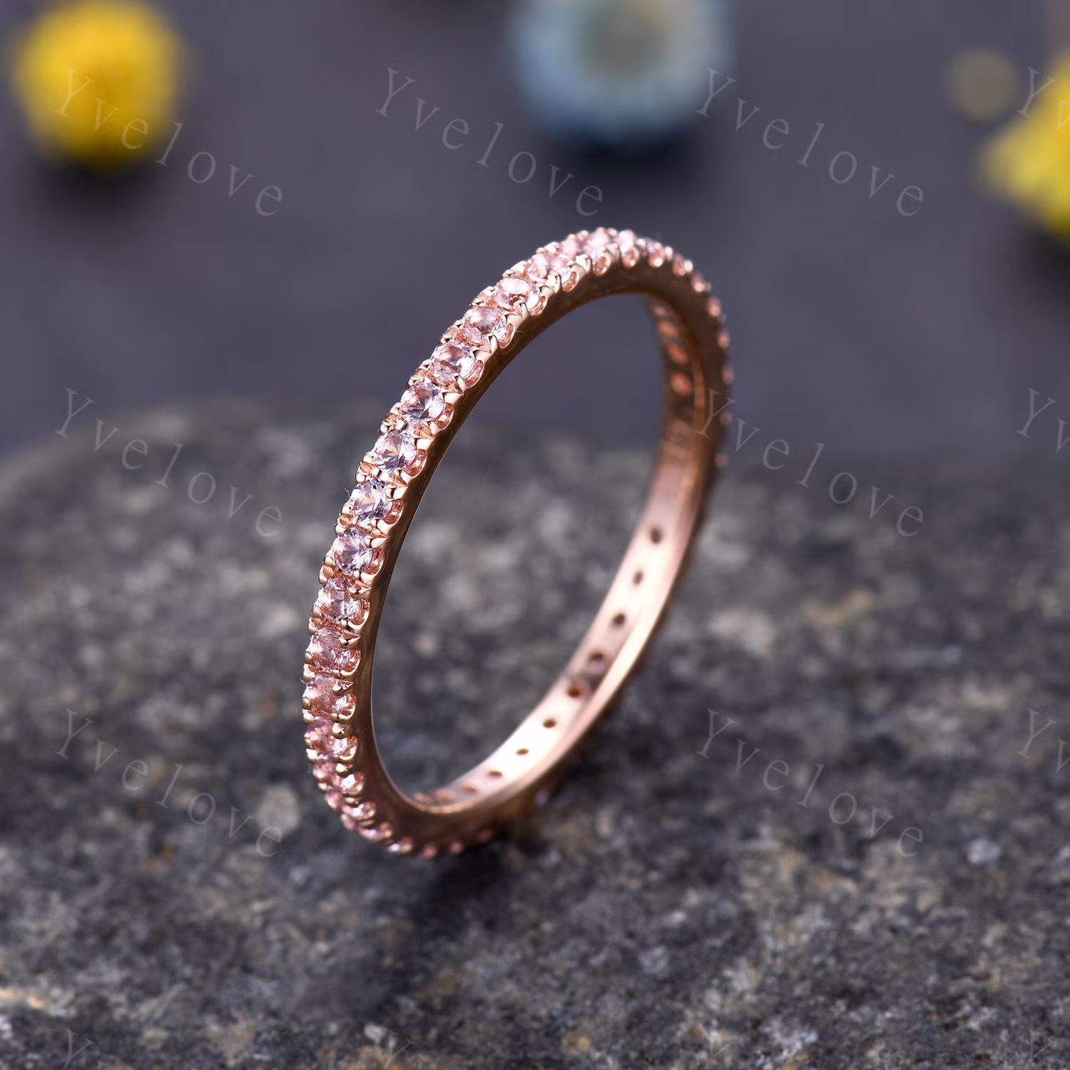 Pink Morganite Wedding Ring Full Eternity Morganite Engagement Danity Band Sterling Silver Women Matching Stacking