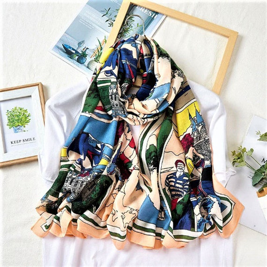 Soft Peach Scene - Cotton Polyester Blend Large Scarf Equastrian Extra Long Wrap Large Shawl Elegant