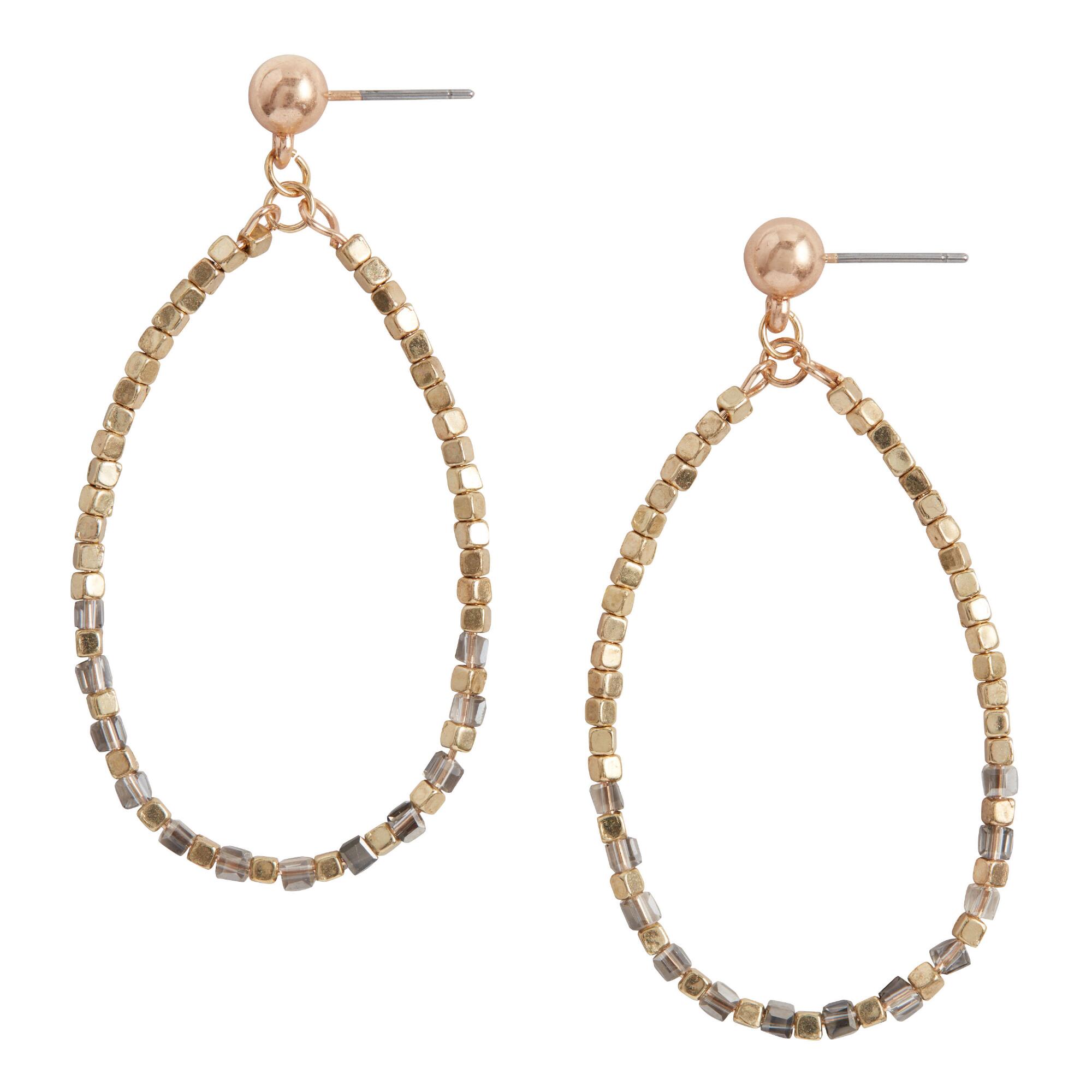Gold And Gray Beaded Drop Hoop Earrings by World Market