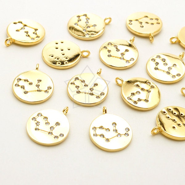Pd-1861-Gd/2 Pcs - Zodiac Sign Charm, Cz Constellation Pendant, Virgo, August, September Birthday, Gold Plated Brass 10mm