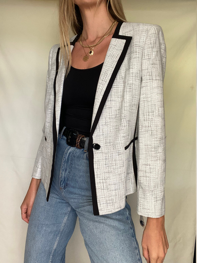 Vintage Grey Tweed Style Cotton Blend Blazer Black Trim Detail Lined Nwt