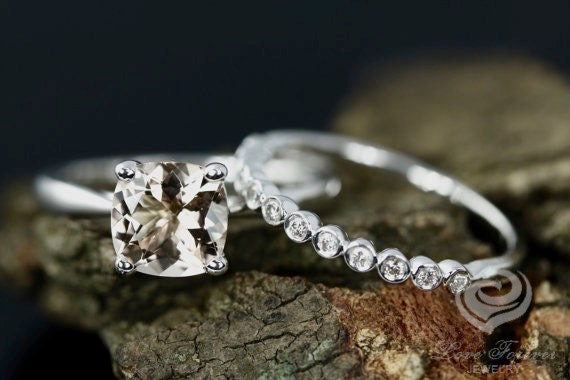 White Gold Morganite Cushion Cut Wedding Set, Engagement Ring, Ring Diamond