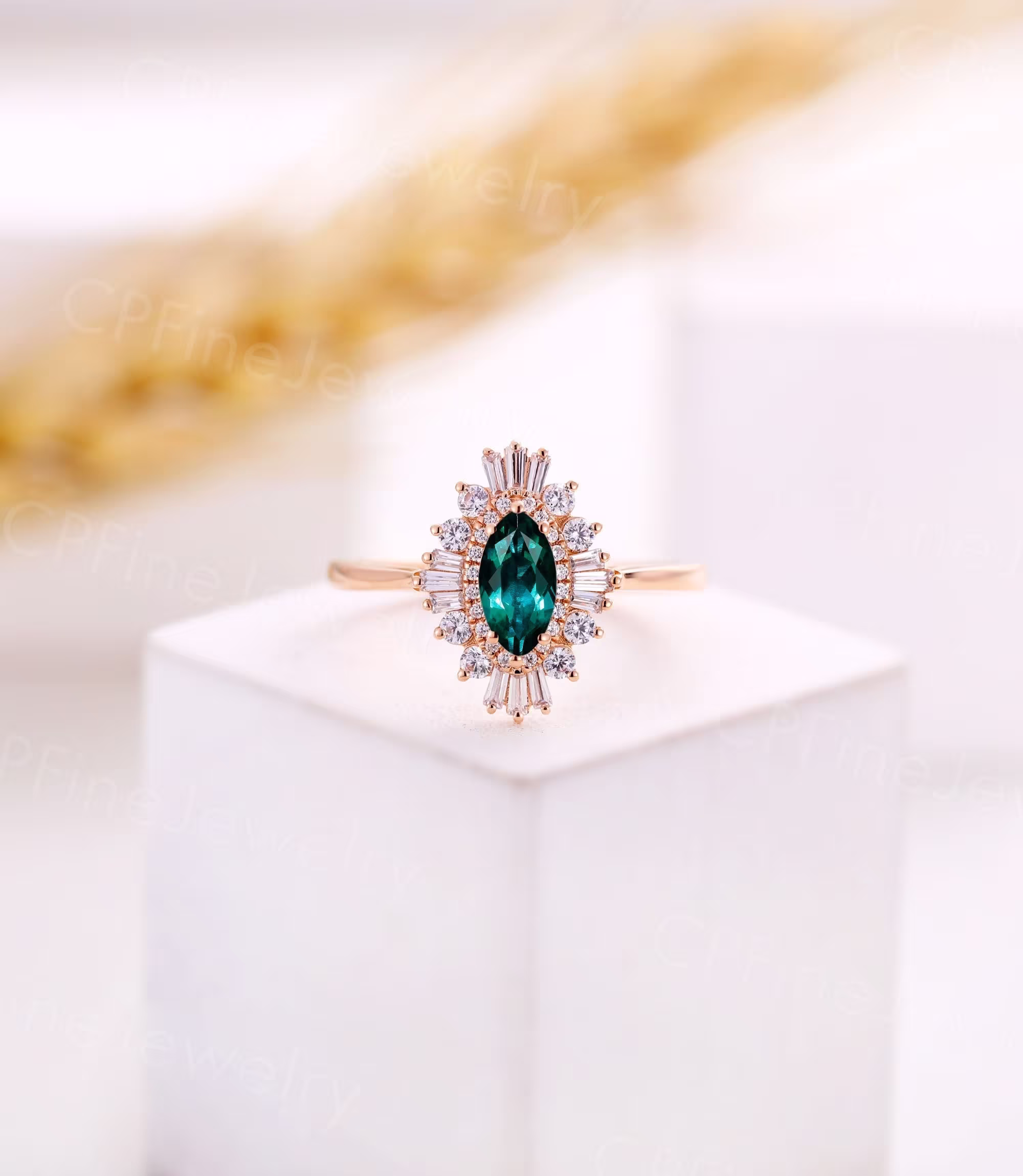 Vintage Emerald Engagement Ring Cz Diamond Halo Rings Art Deco Rose Gold Unique Marquise Antique Anniversary Bridal