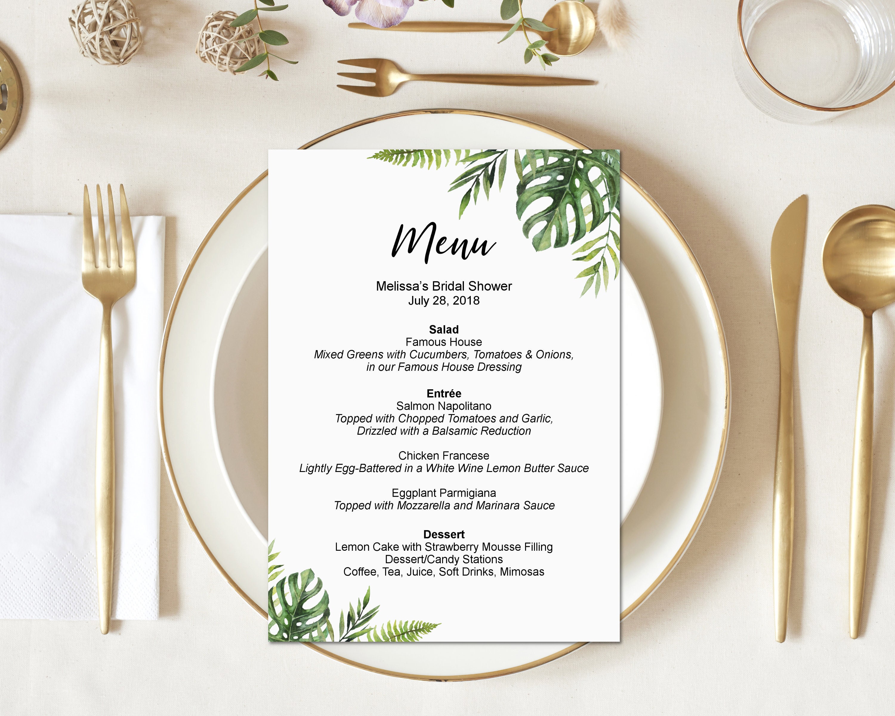 Menu Printable Hawaiian Luau Bridal Shower Baby Birthday Wedding Sign Personalized Cards Tropical Palm Leaves A85 B82 C85