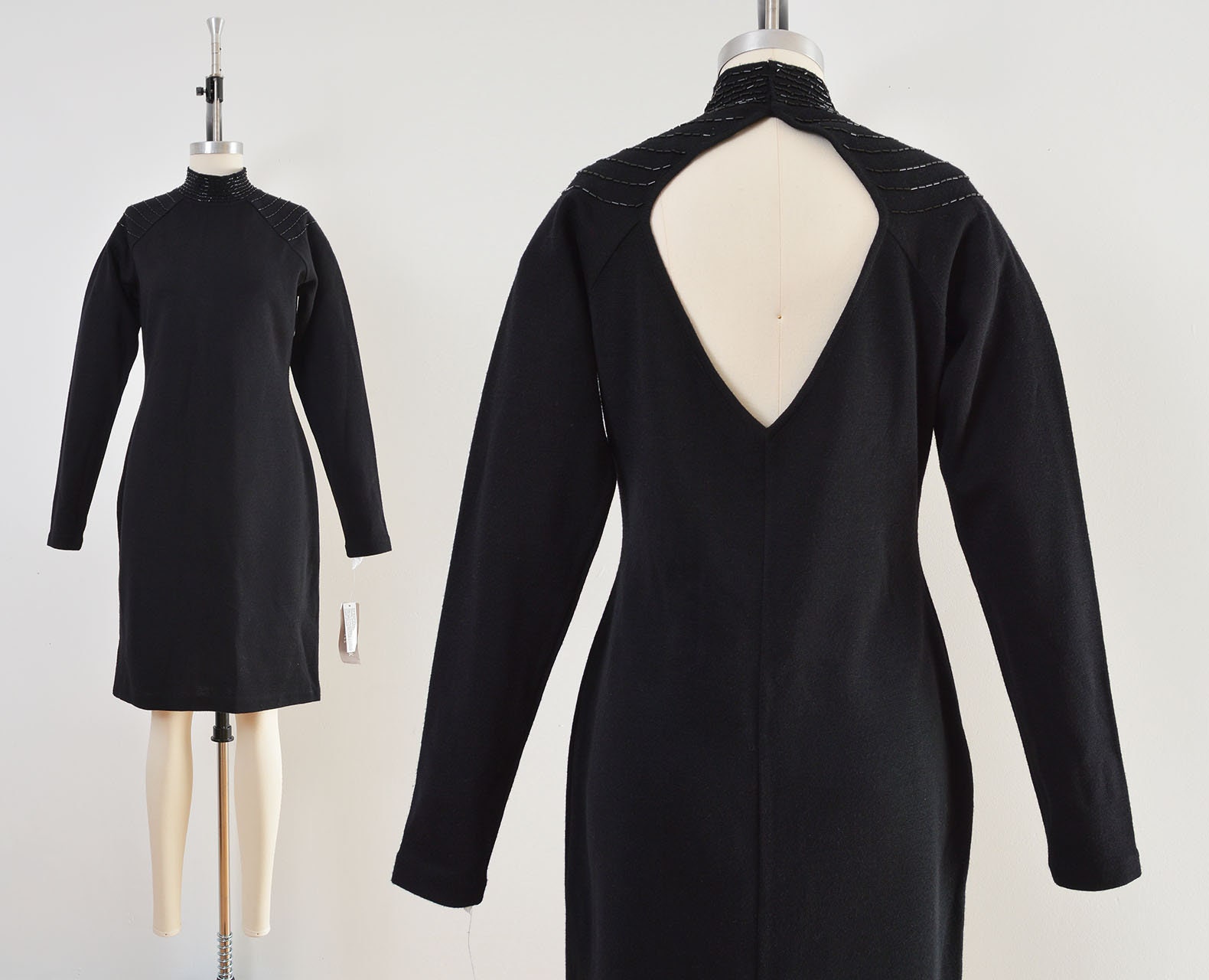 Vintage Black Sweater Dress | Wool Blend Knit Open Back Beaded Size S M