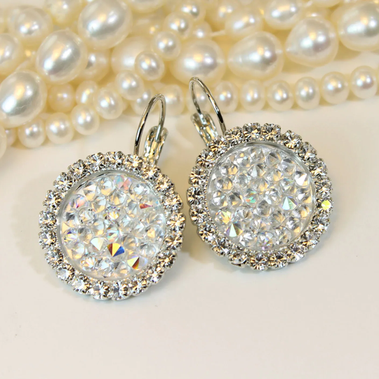 Crystal Ab Earrings, European Clear Sparkly Bridal Earrings European Drop Halo Earrings, Small Rock Element, Silver, Crystal Ab, Se105