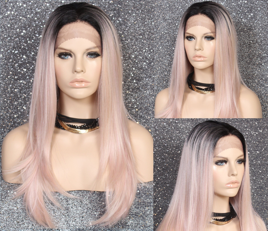 Human Hair Blend Hand Tied Full Lace Front Wig Heat Ok Center Mono Part Layered Sides Pink Rose Gold Straight Cancer/Alopecia/Cosplay