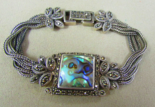 sterling Silver, Abalone, Marcasite & Fox Tail Bracelet +