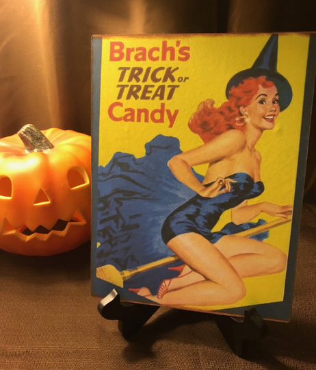 Retro Halloween, Brach Candy Trick Or Treat Witch Handcrafted Plaque/Sign
