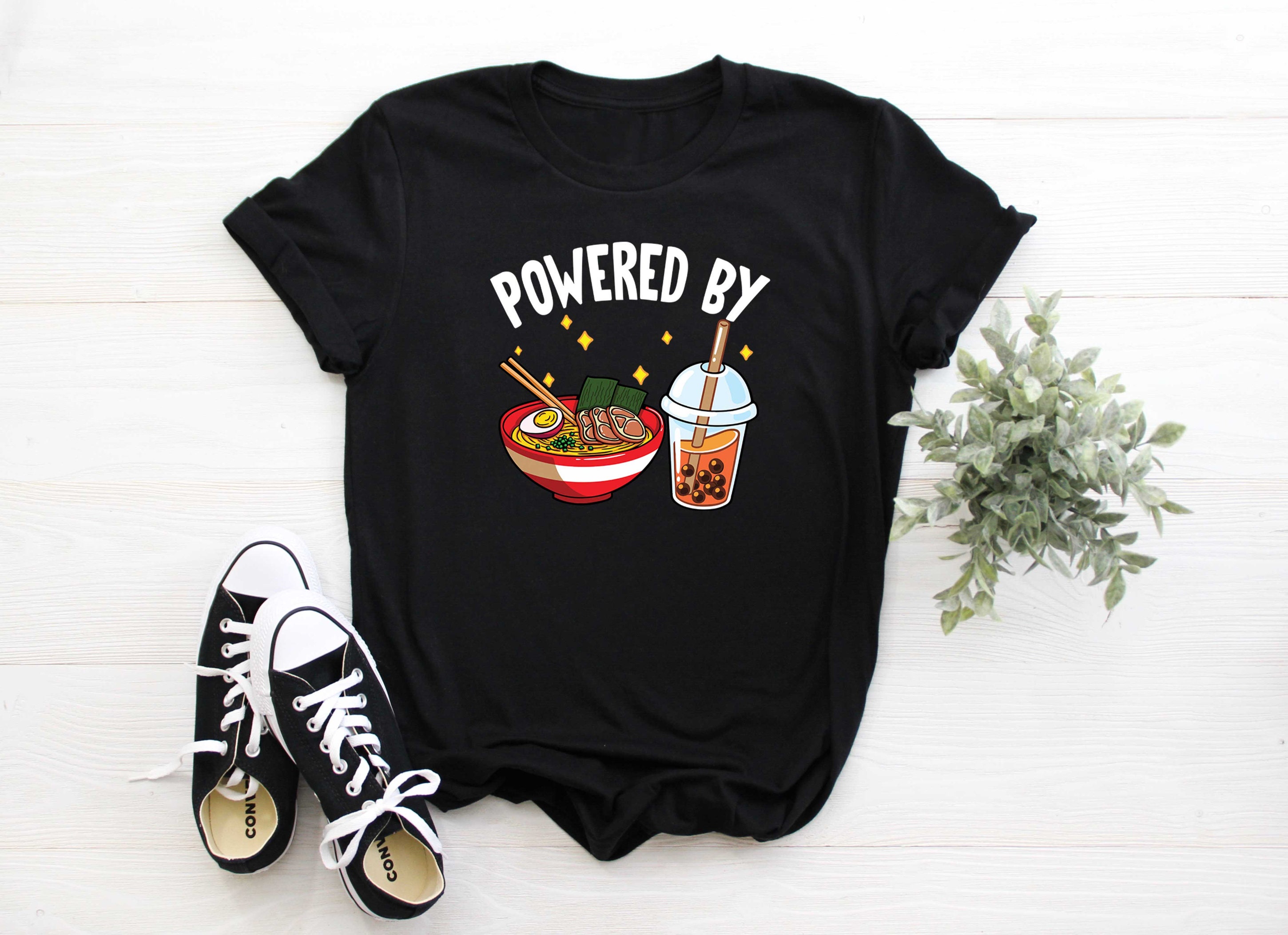 Powered By Ramen & Bubble Tea Funny Food Lover Outfit Shirt