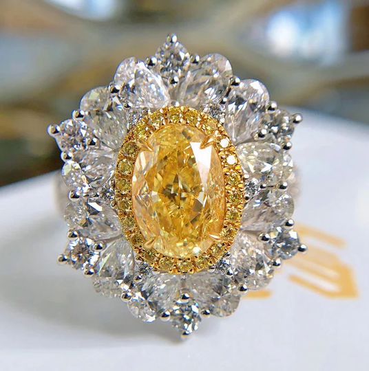 Yellow Lab Diamond Oval Flower Women's Ring Silver 925 Plated Princess Adjustable Size, Promise Ring, Wedding Ring, Engagement Solitaire