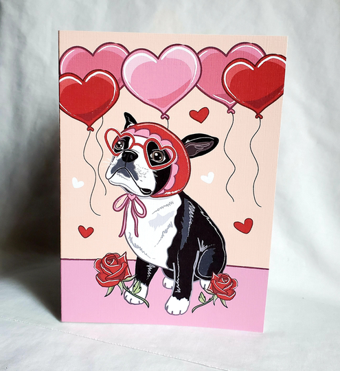 Boston Terrier With Heart Balloons Greeting Card
