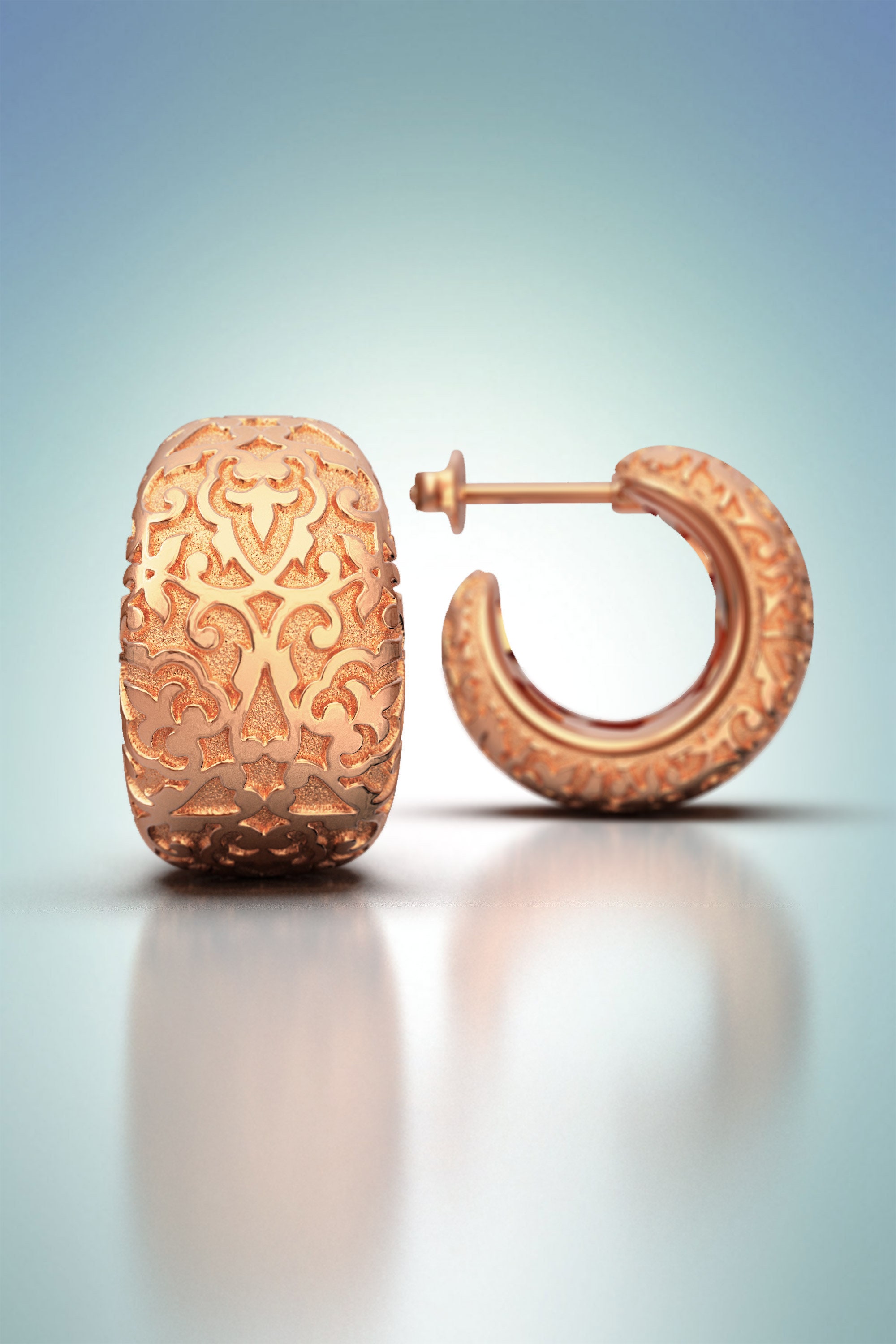 Hoop Earrings in Real Solid Gold 18K Or 14K/Italian Jewelry - Rose Hoop Textured Earrings, Small Hoops
