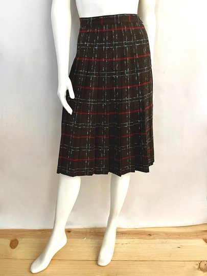 Vintage 50's Brown Wool Blend, Plaid, Pleated, Skirt | S