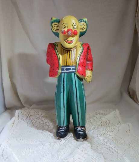 Vintage Folk Art Clown Handcrafted Hand Carved Painted Wooden