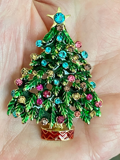 Lovely Rhinestone Green Christmas Tree Brooch