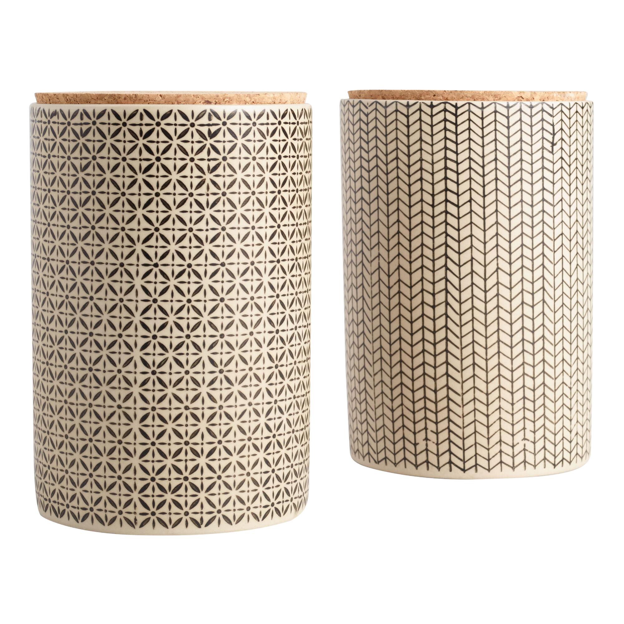 Large Black and Ivory Stamped Ceramic Tea Canisters Set of 2 by World Market