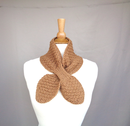 Camel Gold Ascot Scarf, Bow Tie, Soft Wool Blend, Hand Knit, Pull Through Keyhole, Women's Neck Warmer, Leaf Cowl