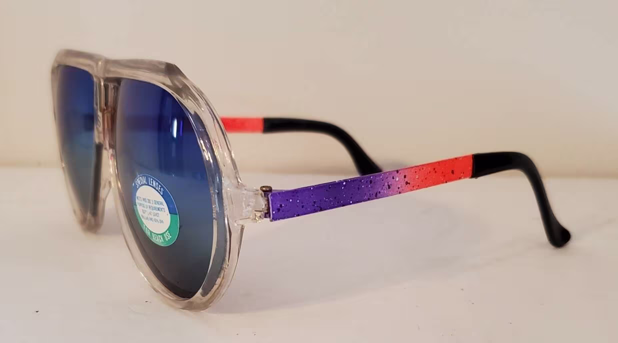 Vintage Aviator Sunglasses // Ocean Blue + Green Lenses Clear Front Frames Purple Bright Red Metal Side Frames 90S Glasses Vtg