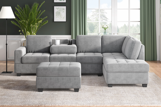 CASAINC Convertible Sectional Sofa Modern 3-Piece Polyester/Polyester Blend Gray Living Room Set | OR-SG000410AAA