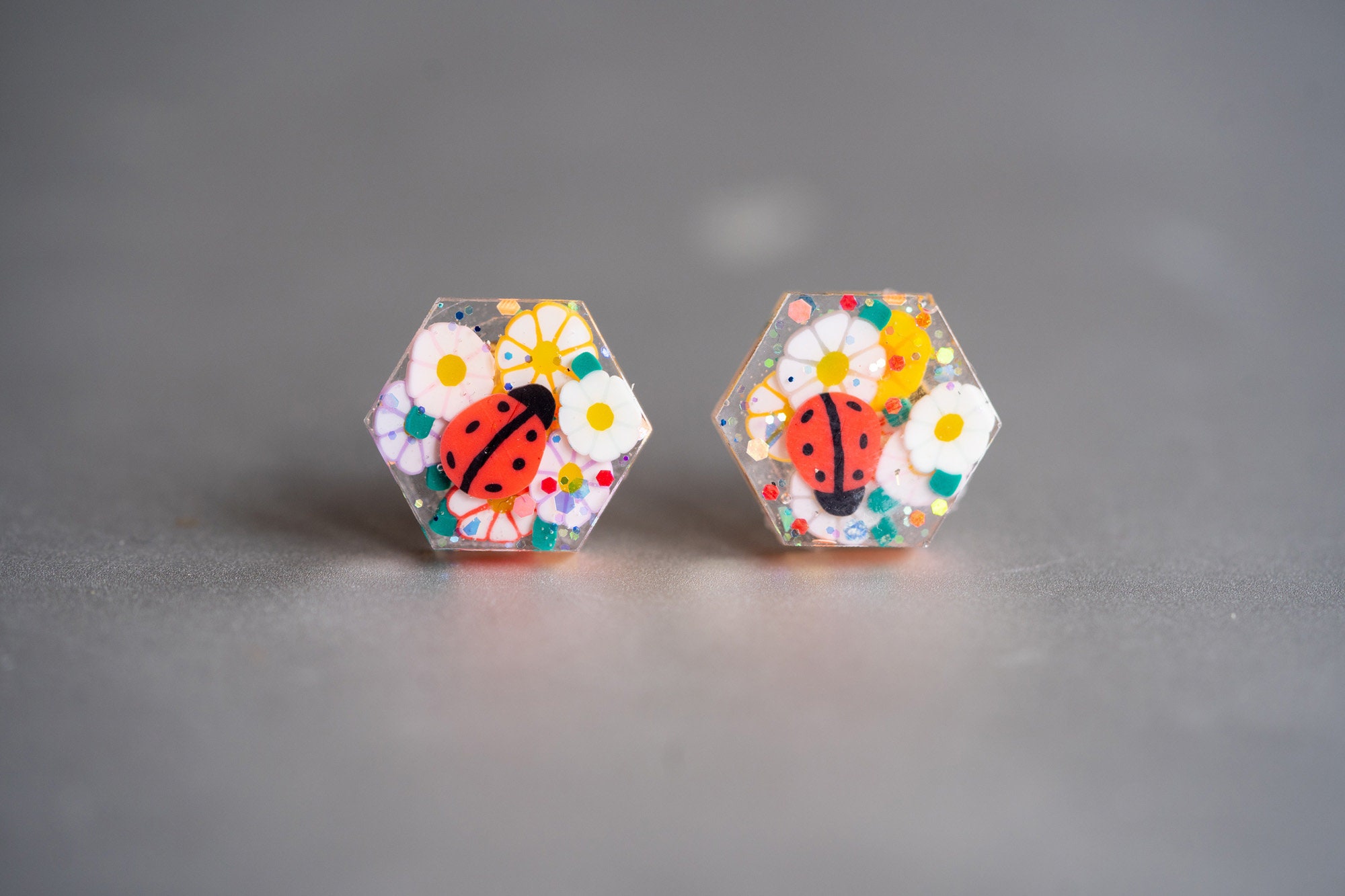 Themed 1/2 Glitter Hexagon Stud Earrings - Panda, Ramen, Ladybug, Citrus