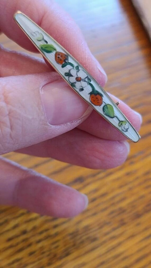 David Andersen Oslo Sterling Bar Pin With Strawberry & Floral Enameled Motif
