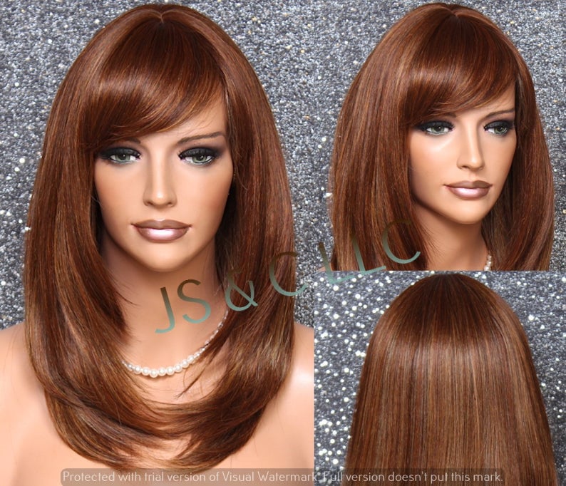 Human Hair Blend Wig Face Framing Razor Cut Auburn Mix Heat Ok Full Bangs Center Part Stright Long Hair Cancer/Alopecia/Cosplay