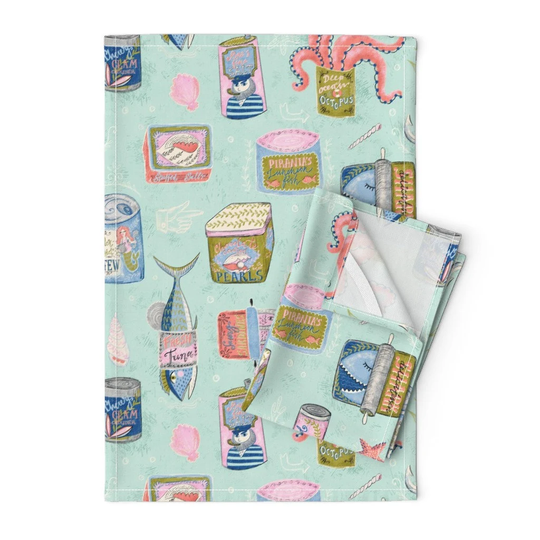 Beach House Kitchen Tea Towels | Set Of 2 - Vintage Delicious Seafood By Helenpdesigns Shark Salt Linen Cotton Spoonflower