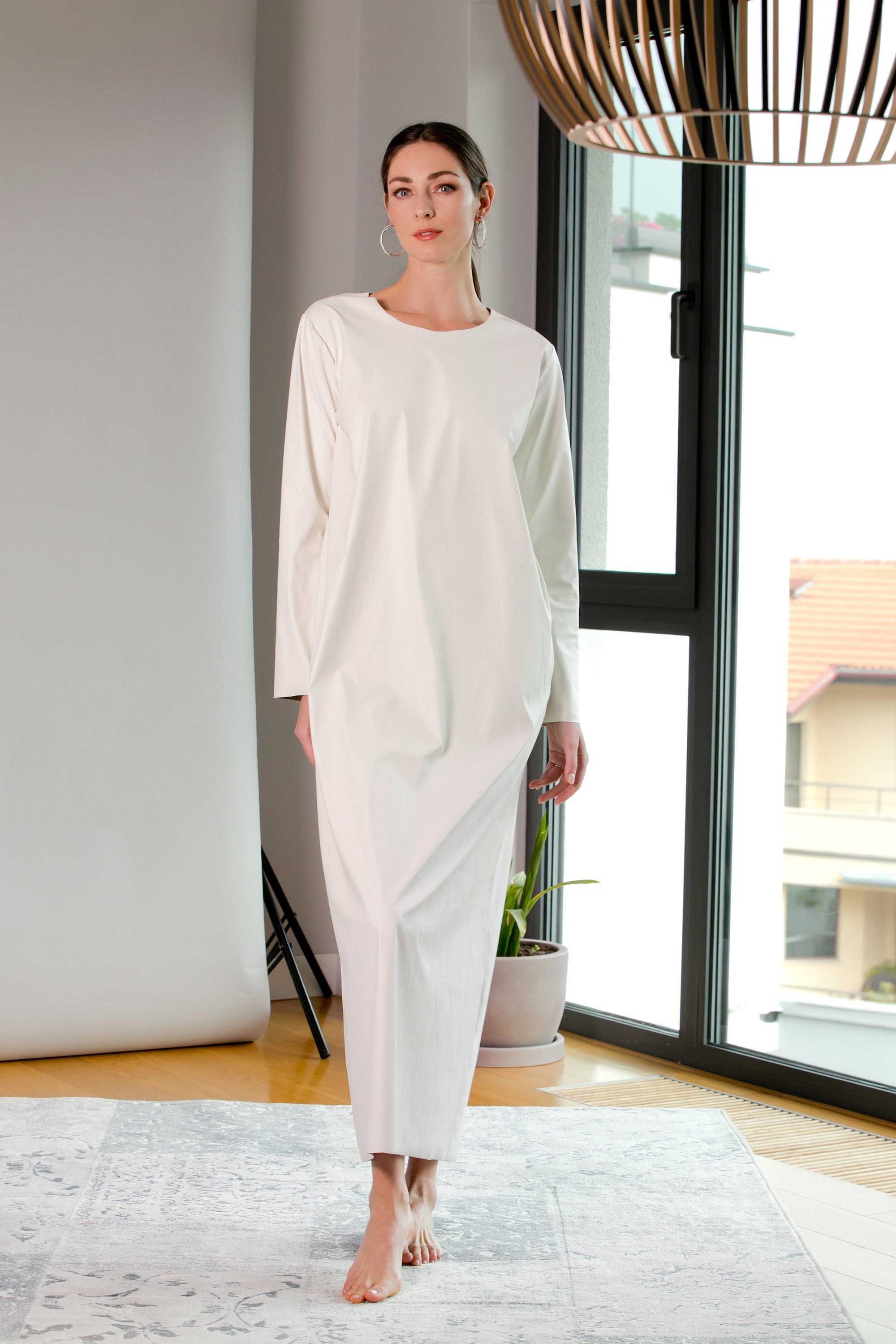 Sale Dress Women White Dress, Winter Leather Minimalist Clothing, Loose Extravagant Long Sleeve Party