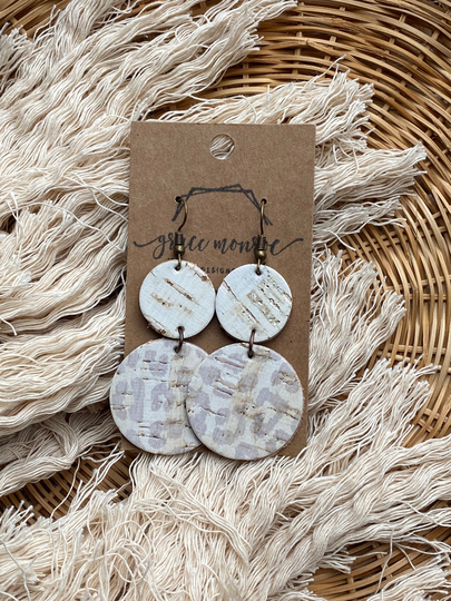 White Birch Leopard Leather Cork Earrings, Boho Chic Spring